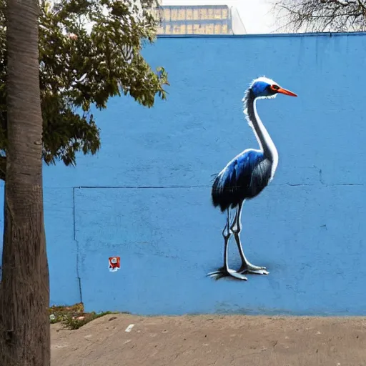 Image similar to a blue ostrich, graffiti by bansky