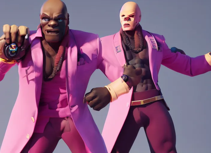 Image similar to doomfist, pink blazer, overwatch game, digital art, high detailed, artstation, octane render