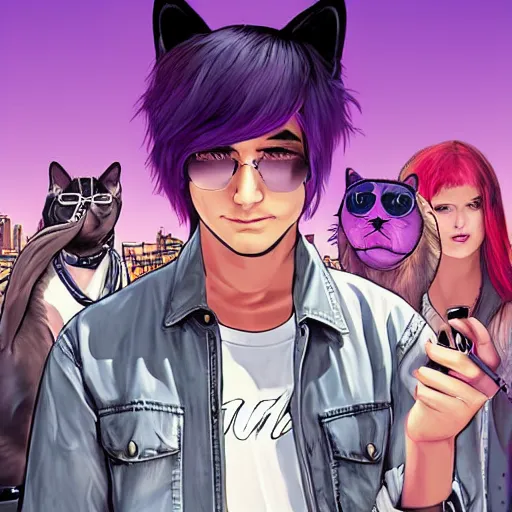 Image similar to A young man with cat ears and purple hair in GTA V, cover art by Stephen Bliss, artstation