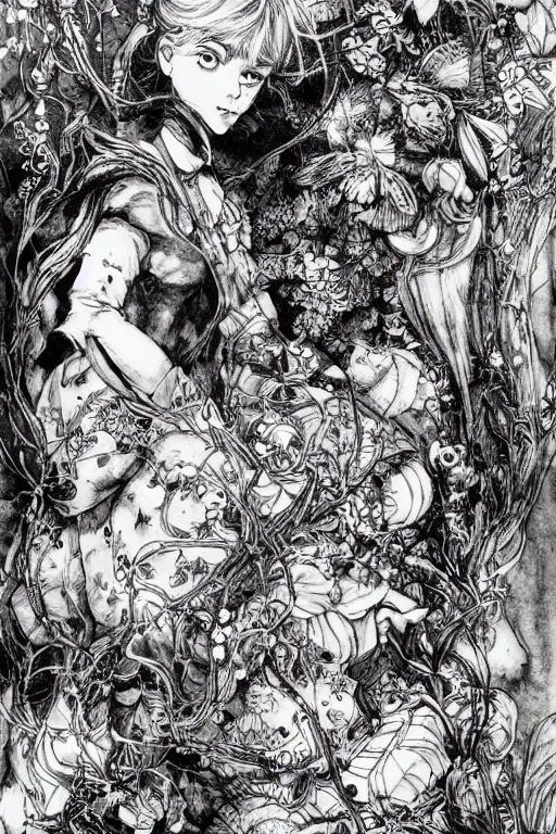 Prompt: happy Alice in wonderland tarot card , pen and ink, intricate line drawings, by Yoshitaka Amano, Ruan Jia, Kentaro Miura, Artgerm, watercolor