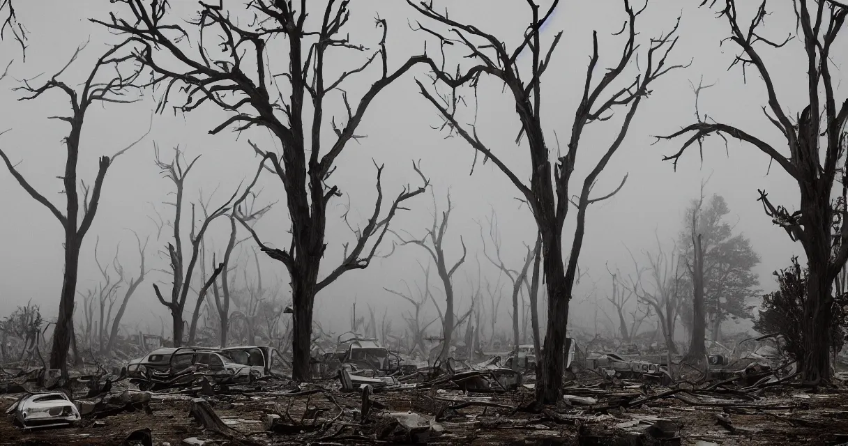 Image similar to a post-apocalyptic wasteland, dead trees, broken buildings, with gray fog