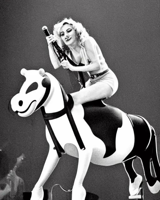 Image similar to photograph of Madonna Ciconne riding a Hippo during a concert performance