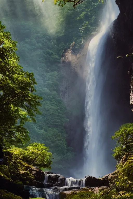 Image similar to low angle shot of a beautiful huge waterfall with black sparkling water, lovely valley, lush trees, by James Gurney, by Greg Rutkowski, concept art, volumetric lighting, intricate, vivid colors, octane render, trending on artstation, 8k