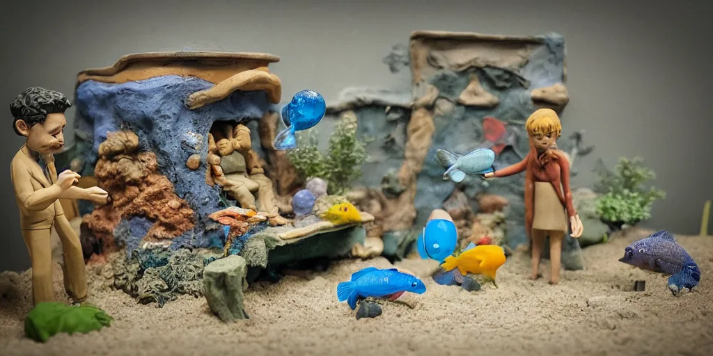 Prompt: plasticine model of newt. figures clay. bubbles. weird. surreal. [ [ tank'] ] strange. tilt shift. tank. fish tank in waiting room. photorealistic.