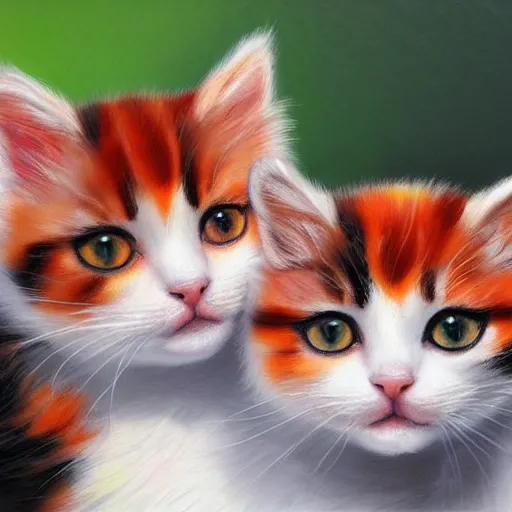 Image similar to close up of two beautiful calico kittens with orange, black and white colored fur, outside on a beautiful day, beautiful painting, featured on artstation, cgsociety, behance hd