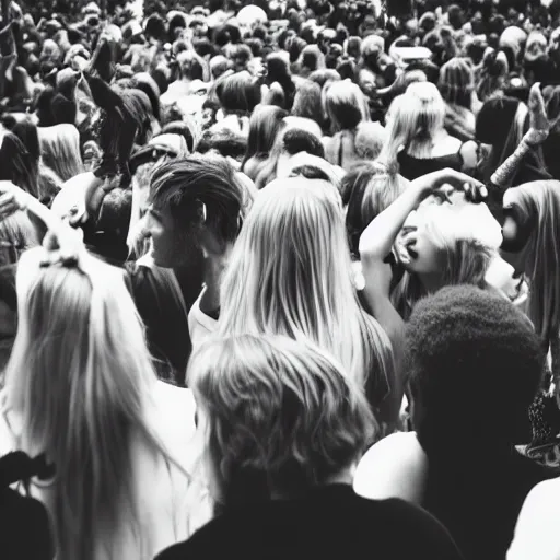 Image similar to kodak portra 4 0 0 photograph of a skinny blonde guy standing in crowd of black and white people, back view, flower crown, moody lighting, telephoto, 9 0 s vibe, blurry background, vaporwave colors, faded!,