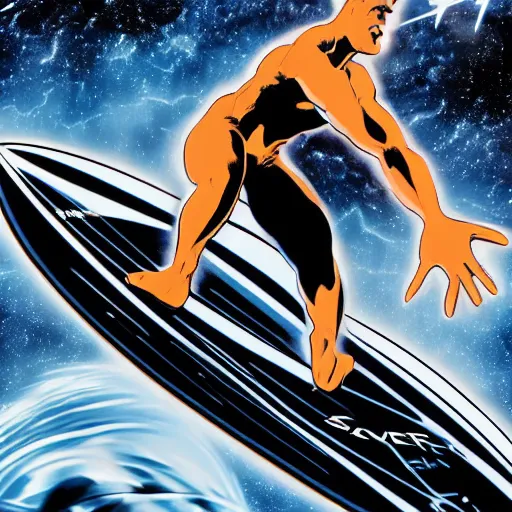 Image similar to silver surfer surfing on top of a car in space, heavy motion blur, steve ditko, 4k