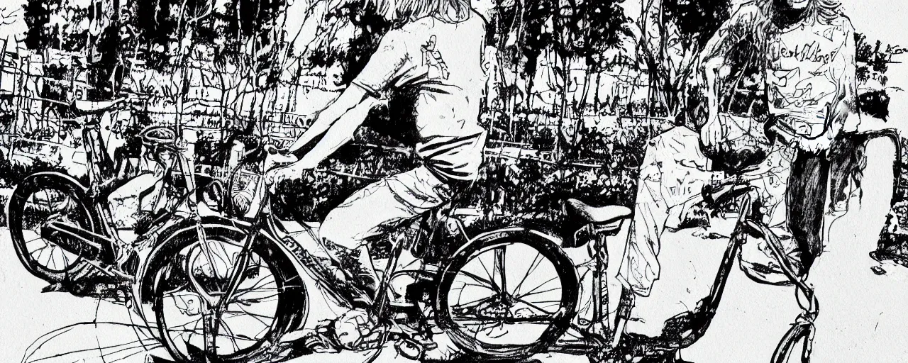 Image similar to beautiful detailed comic illustration of Kurt Cobain on a bicycle on a bicycle, colored