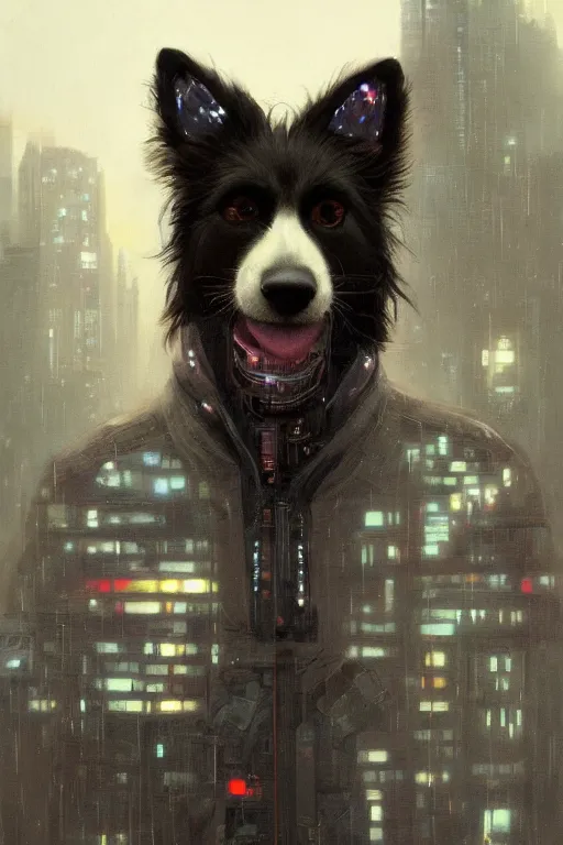 Prompt: new york city portrait of furry anthro anthropomorphic border collie head animal person fursona wearing clothes strange cybernetic augmentations cyber muzzle gloomy rainy cyberpunk digital art by Greg Rutkowski, Simon Stalenhag, trending on Artstation, CGSociety