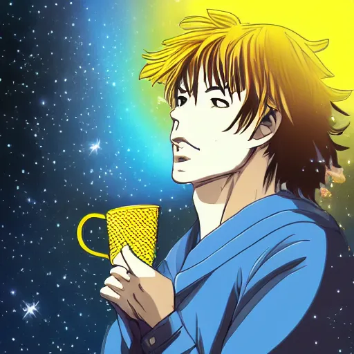 Image similar to A man drinking a cup of cosmic energy bright light by Hideaki Sorachi, 4k, digital art, surreal, anime style, cowboy Bepop, space dandy,