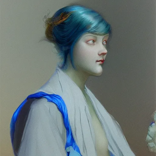 Prompt: a young woman's face, her hair is white and she wears a cobalt blue satin cloak, by ivan aivazovsky and syd mead and moebius and gaston bussiere and roger dean and pieter claesz and paul delaroche and alma tadema and aelbert cuyp, hyperrealistic, volumetric light, octane render
