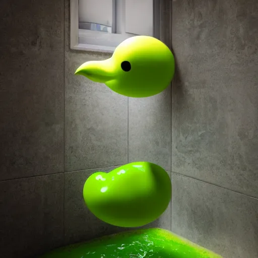 Image similar to rubber duck made of green slime melting on a bathroom, unreal engine 5, excellent composition, trending on artstation, million of likes, ray tracing, natural lighting