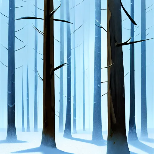 Prompt: Goro Fujita ilustration a forest full of trees with very tall pines in the winter season with snow, painting by Goro Fujita, sharp focus, highly detailed, ArtStation