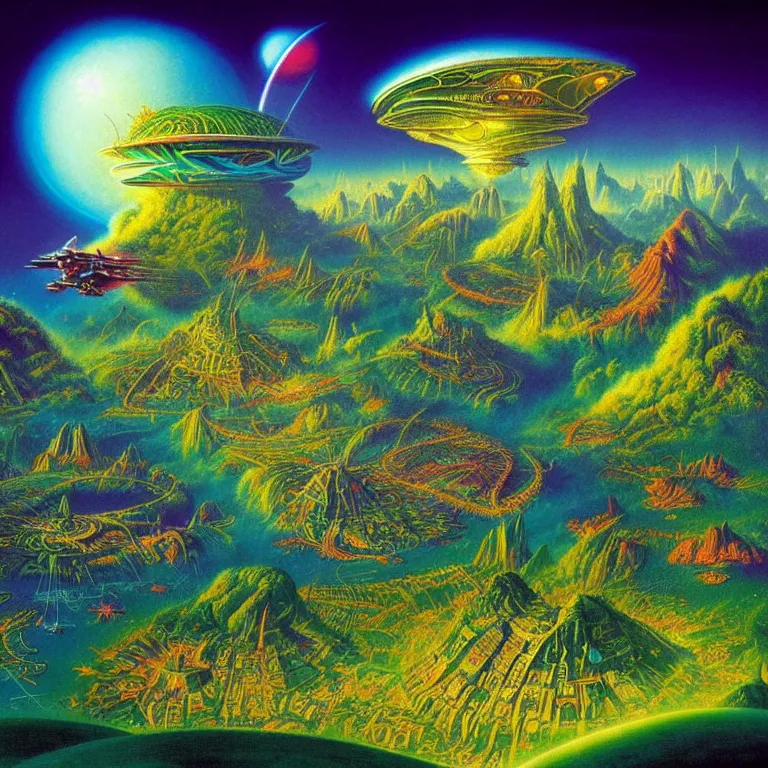 Image similar to cosmic flying cities sailing over lush rainforest mountaintops, synthwave, bright neon colors, highly detailed, cinematic, tim white, vladimir kush, philippe druillet, roger dean, bob eggleton, michael whelan, boris vallejo, alfred kelsner, kubrick, jaroslaw jasnikowski