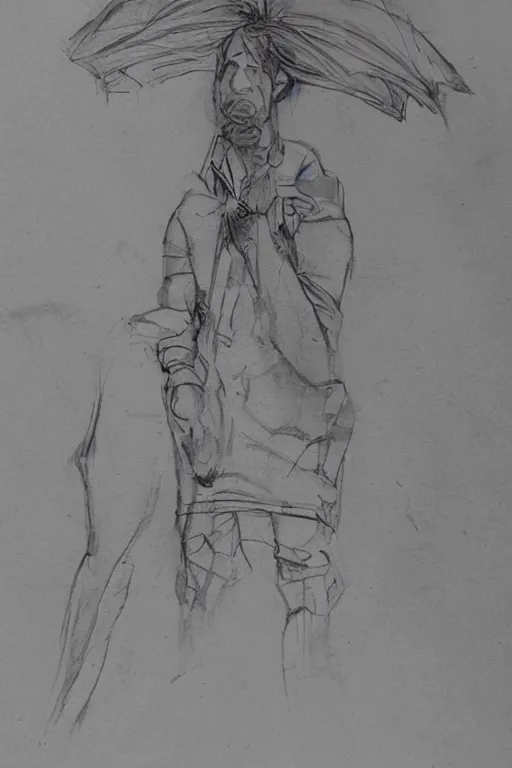 Image similar to a drawn man standing in the rain. pencil sketch.