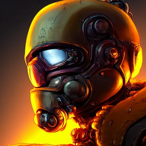 Prompt: helmet lion cyberpunk made of yellow lava and fire art in borderlands 3 style, profile portrait, cyberpunk fashion, realistic shaded perfect face, fine details, very dark environment, misty atmosphere, closeup, d & d, fantasy, intricate, elegant, highly detailed, digital painting, artstation, concept art, matte, sharp focus, illustration, hearthstone