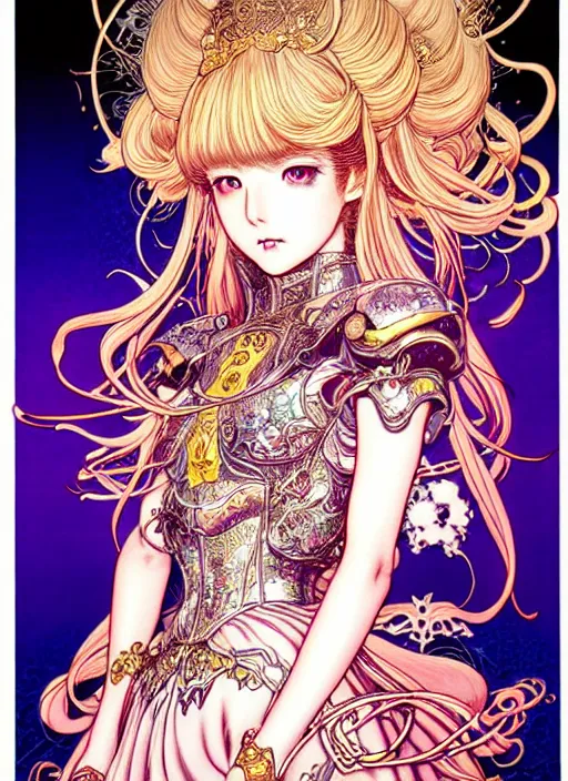 Image similar to highly detailed terada katsuya ayami kojima atrstation manga poster of princess mechine, rainbow gradient reflection, cute face by artgerm, art nouveau, long hair, armor, dress, laces, ruffles, 8 k, maximalist, golden ratio, jump comics