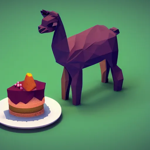 Prompt: an isometric 3 d low - poly render of a llama eating a cake, isometric art