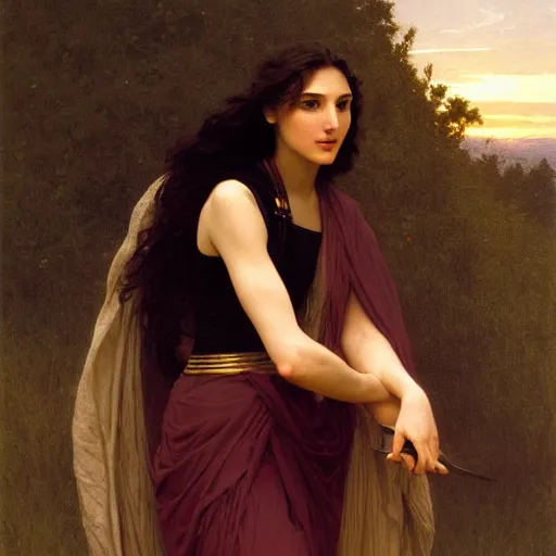 Prompt: Painting of Gal Gadot by William Adolphe Bouguereau. Sunset. Extremely detailed. 4K. Award winning.