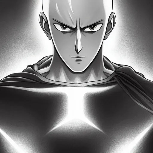 Prompt: Saitama from One Punch Man realistic portrait style on a dark background, 4K, Hyperrealism, dynymic light, dynamic shadows, cinematic –g –H 1024 –W 1024 –n 4 –s 150