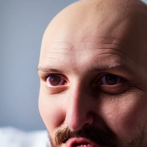 Prompt: close up photo of a fully clothed bald crimean man with cream dripping from his face