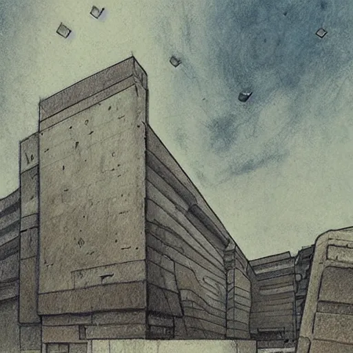 Image similar to a drawing of a building with a sky background, concept art by mikalojus konstantinas ciurlionis, pixiv, vorticism, concept art, dystopian art, official art