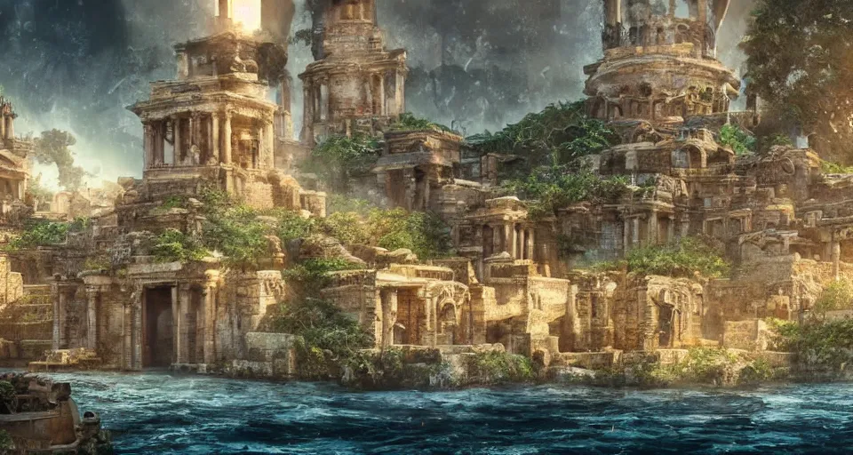 Prompt: ancient city of atlantis with big overgrown buildings in gold, fantasy, magical, cinematic, establishing shot, atmospheric lighting, extremely detailed, intricate, sharp focus, coherent, digital art, realistic