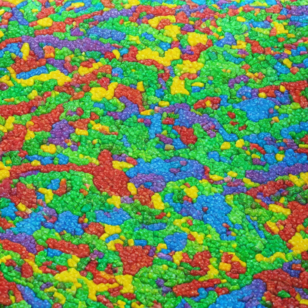 Image similar to painting of the countryside created entirely with gummy bears