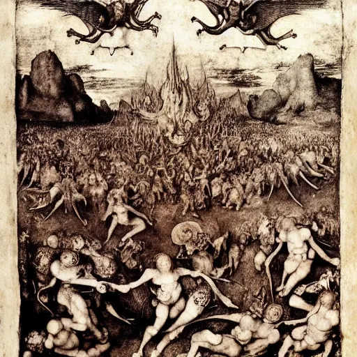 Image similar to vision of hell with winged demons flying over the flames, art by albrecht durer, art by hans memling, art by leonardo da vinci, art by francisco goya, art by pieter bruegel the elder, art by jan van eyck