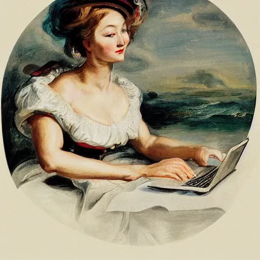 Image similar to heavenly summer sharp land sphere scallop well dressed lady working on her laptop while drinking a starbucks coffee, auslese, by peter paul rubens and eugene delacroix and karol bak, hyperrealism, digital illustration, fauvist