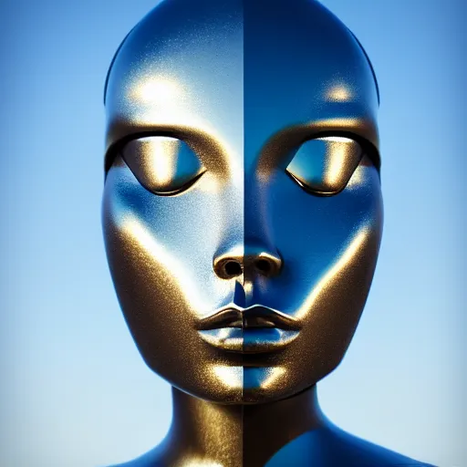 Image similar to portrait of metallic robot face, african woman, mercury, mirror reflections, smooth, liquid metal, proud, looking away, outdoor, blue sky, 8 k, realistic, depth of field, highly detailed, award winning photography