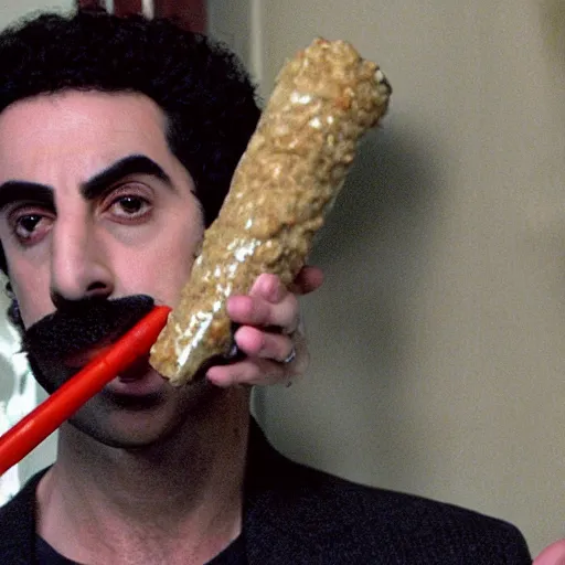 Image similar to Sacha Baron Cohen as borat smoking a giant rolled cannabis cigarette, smoke, 8k, hyper-detailed, cinematic