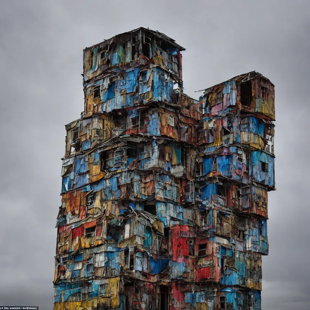 Image similar to close - up view of a tower made up of colourful makeshift squatter shacks with bleached colours, moody cloudy sky, dystopia, mamiya, fully frontal view, very detailed, photographed by bruno barbey