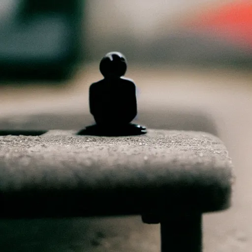 Image similar to macro photography of a tiny plastic depressed man in a suit, sitting on a bench with his cat, 3 5 mm macro shot,