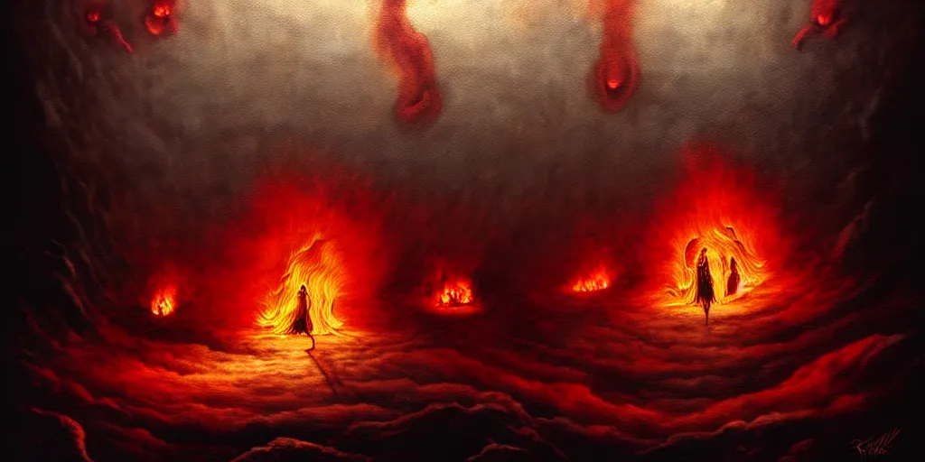 Image similar to repressed emotion creatures and monsters at the mouth of hell, dramatic lighting glow from giant fire, attempting to escape and start a revolution, in a dark surreal painting by ronny khalil