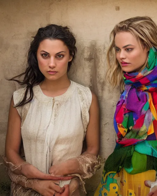 Image similar to portrait of mila kunis and margot robbie, iq 4, f / 1. 4, iso 2 0 0, 1 / 1 6 0 s, 8 k, sense of depth, in - frame, colorful, photograph by steve mccurry