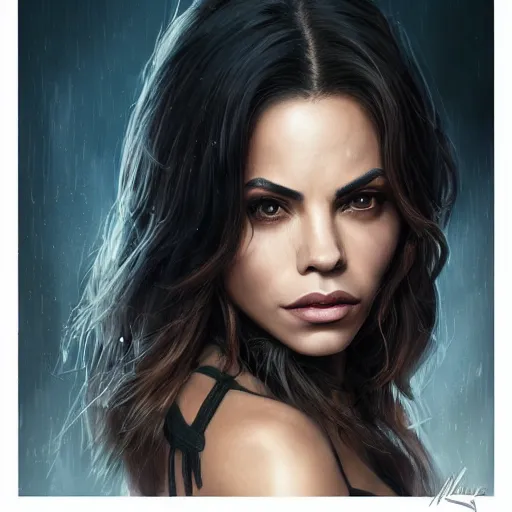 Image similar to a portrait of jenna dewan as a sorceress, upper half portrait, urban motifs, intricate, elegant, highly detailed, digital painting, trending on artstation, concept art, smooth sharp focus, illustration, art by artgerm and greg rutkowski