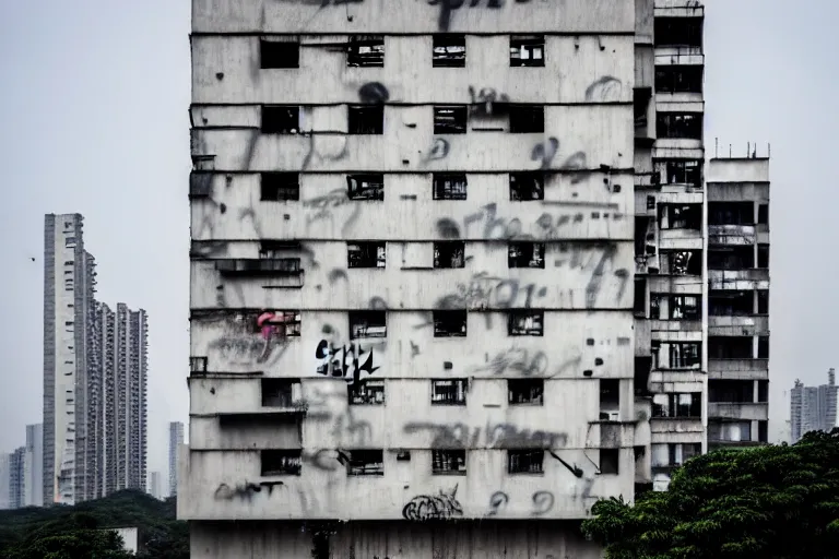 Prompt: photo of bauhaus graffiti on brutalist building in dystopian shenzhen wide angle