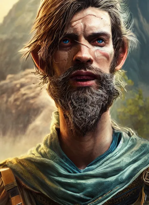 Image similar to A striking hyper real portrait painting of arrogant half-elf ranger, scar on face, shaggy brown hair, scruffy beard, teal tunic, 4k, 8k, Apex Legends Concept Art, D&D Concept Art, unreal 5, DAZ, hyperrealistic, octane render, cosplay, RPG portrait, dynamic lighting