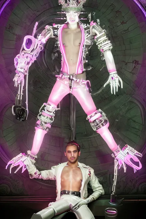 Image similar to full-body rococo and cyberpunk style neon statue of a muscular attractive Colby O'Donis macho dotado e rico android sim roupa reclining con las piernas abertas e la piroca dura, glowing white laser eyes, prince crown of pink gears, diamonds, swirling silver-colored silk fabric. futuristic elements. full-length view. space robots. human skulls. intricate artwork by caravaggio. Trending on artstation, octane render, cinematic lighting from the right, hyper realism, octane render, 8k, depth of field, 3D