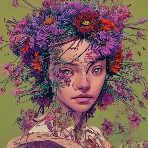 portait with flowers as head, intricate linework, | Stable Diffusion ...