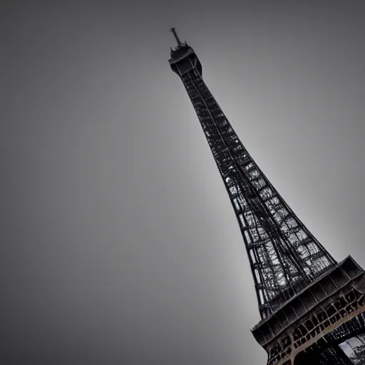 Image similar to a huge figure dehind the Eiffel tower, taken fron the ground, foggy weather, scary, dark, High resolution, creepy