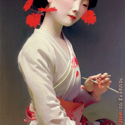 Image similar to yanjun cheng portrait of a beautiful geisha android floral pattern by norman rockwell, bouguereau