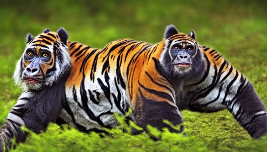 Image similar to a tiger gorilla!!! hybrid! hyper realistic!! realistic lighting!! wildlife photographer of the year!!! bold natural colors, national geographic, hd, wide angle, 8 k