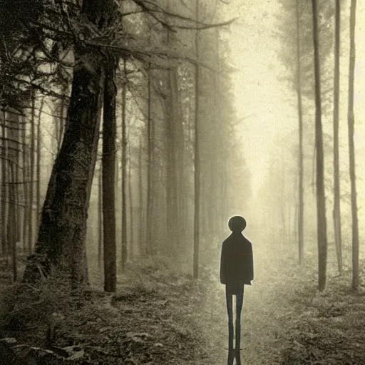 Image similar to old photograph of an alien walking through an eerie forest