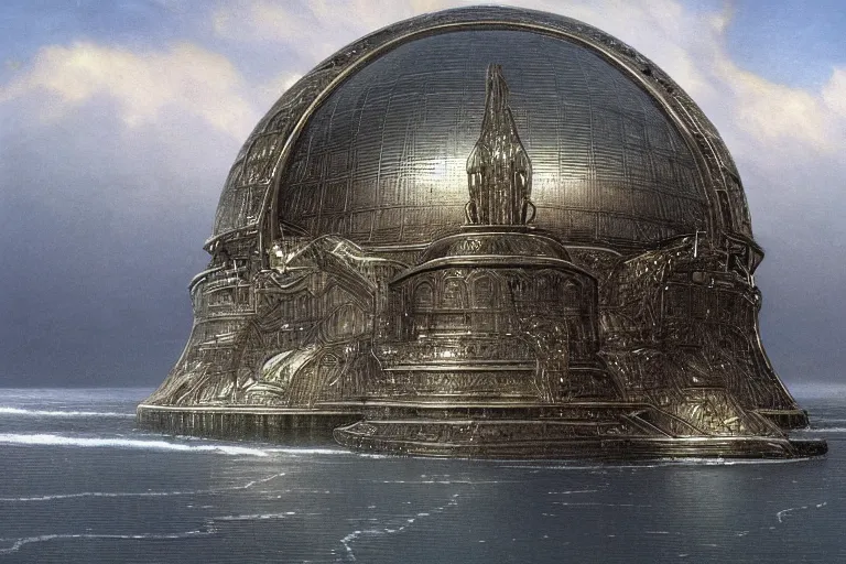 Image similar to intricate, 3 d, metallic dome just above the ocean, style by caspar david friedrich and wayne barlowe and ted nasmith.