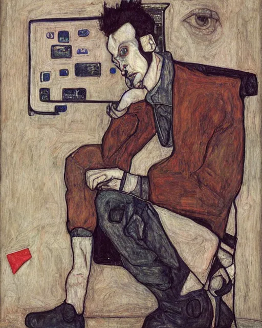 Image similar to portrait of a hacker by egon schiele in the style of greg rutkowski