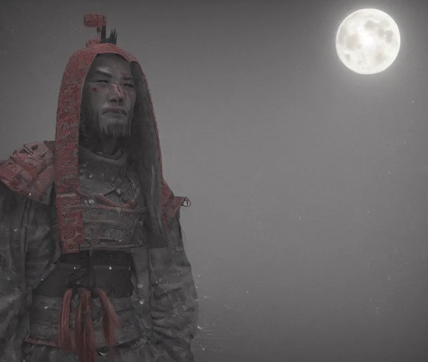 Image similar to 'a samurai! haunted by souls and ghosts with a big full moon on background , gloomy and foggy atmosphere, octane render, artstation trending, highly detailded'