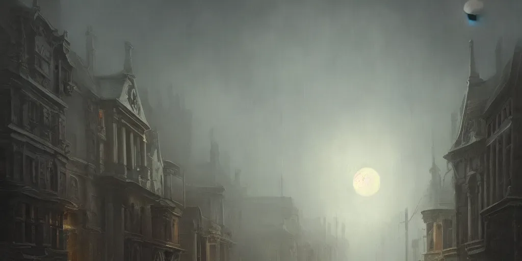 Image similar to A hyper realistic oil painting of a moon hanging over a victorian age city, view from the streets, fog, creepy atmosphere, moody cinematic lighting, focus on the moon, hyper detailed, by greg rutkowski, trending on artstation