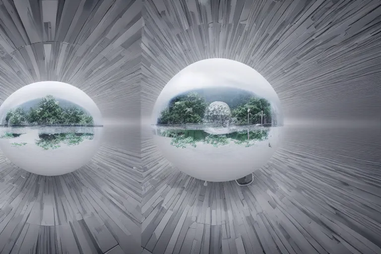 Prompt: a building interior formed by the intersection and fusion of many multi white spherical egg shaped spaces, on the calm lake surface, people's perspective award winning, highly detailed 4 k art, dusk, unreal engine highly rendered, global illumination, radial light, internal environment by kazuyo sejima